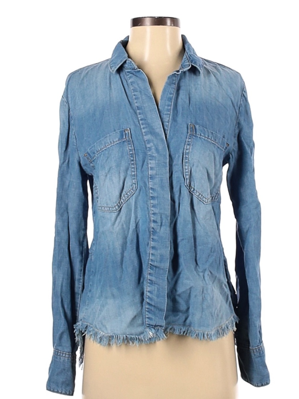 Cloth & Stone Light Wash Denim Button-Front Raw Edge Shirt